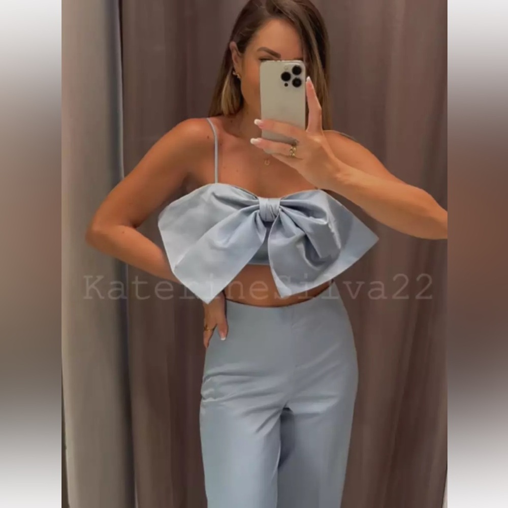 ZARA NEW WOMAN SS24 BLUE GREY SATIN CROP TOP WITH BOW